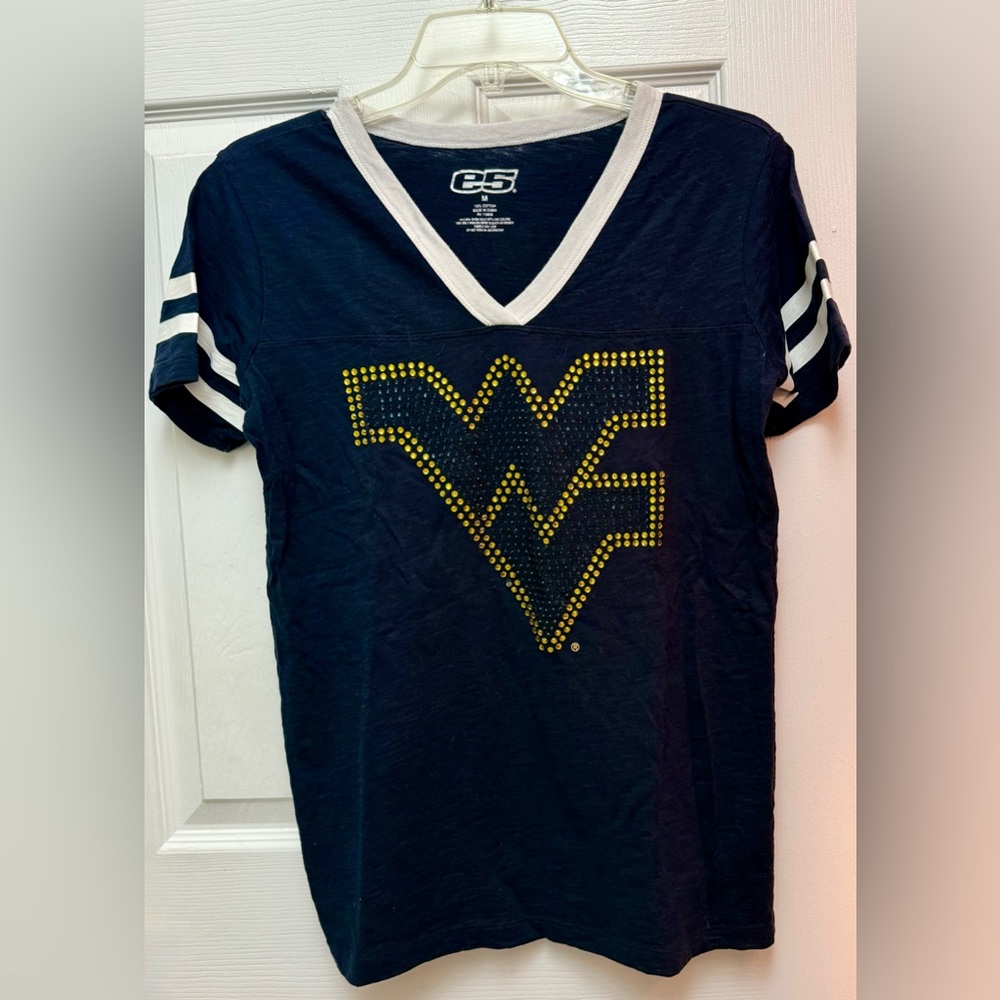 West Virginia University WVU Rhinestone Bling Women’s V-Neck Shirt - Size M